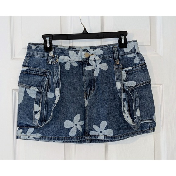 PEIHOT Denim‎ Mini Skirt Floral Print Suspender Pockets Blue Jean Skirt L NWT - Picture 3 of 11